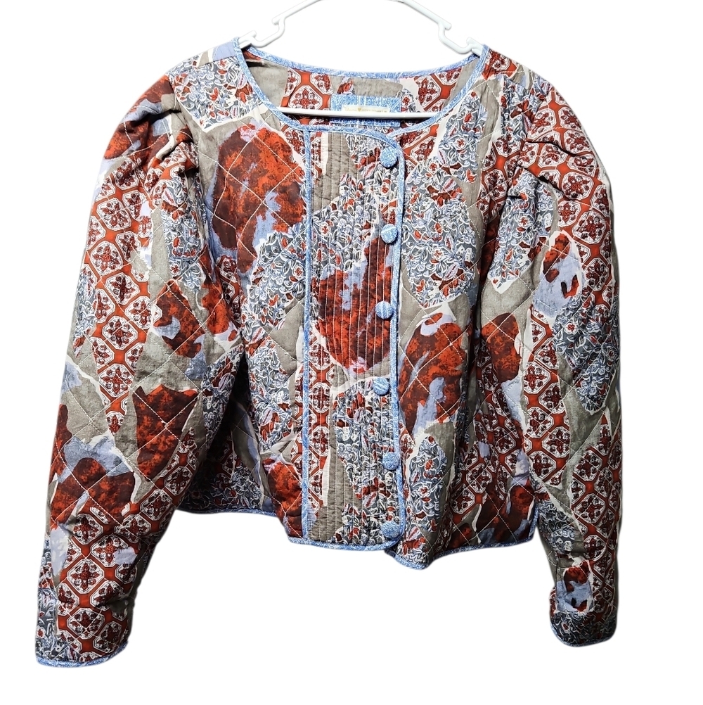 Anthropologie Llani Puff Sleeve Jacket 100% Cotton Quilted Patterned Sz M/L